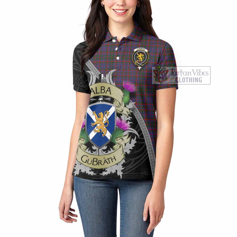 Tartan Vibes Clothing Cumming Tartan Family Crest Women's Polo Shirt Lion Rampant Royal Thistle Shield Celtic Inspired
