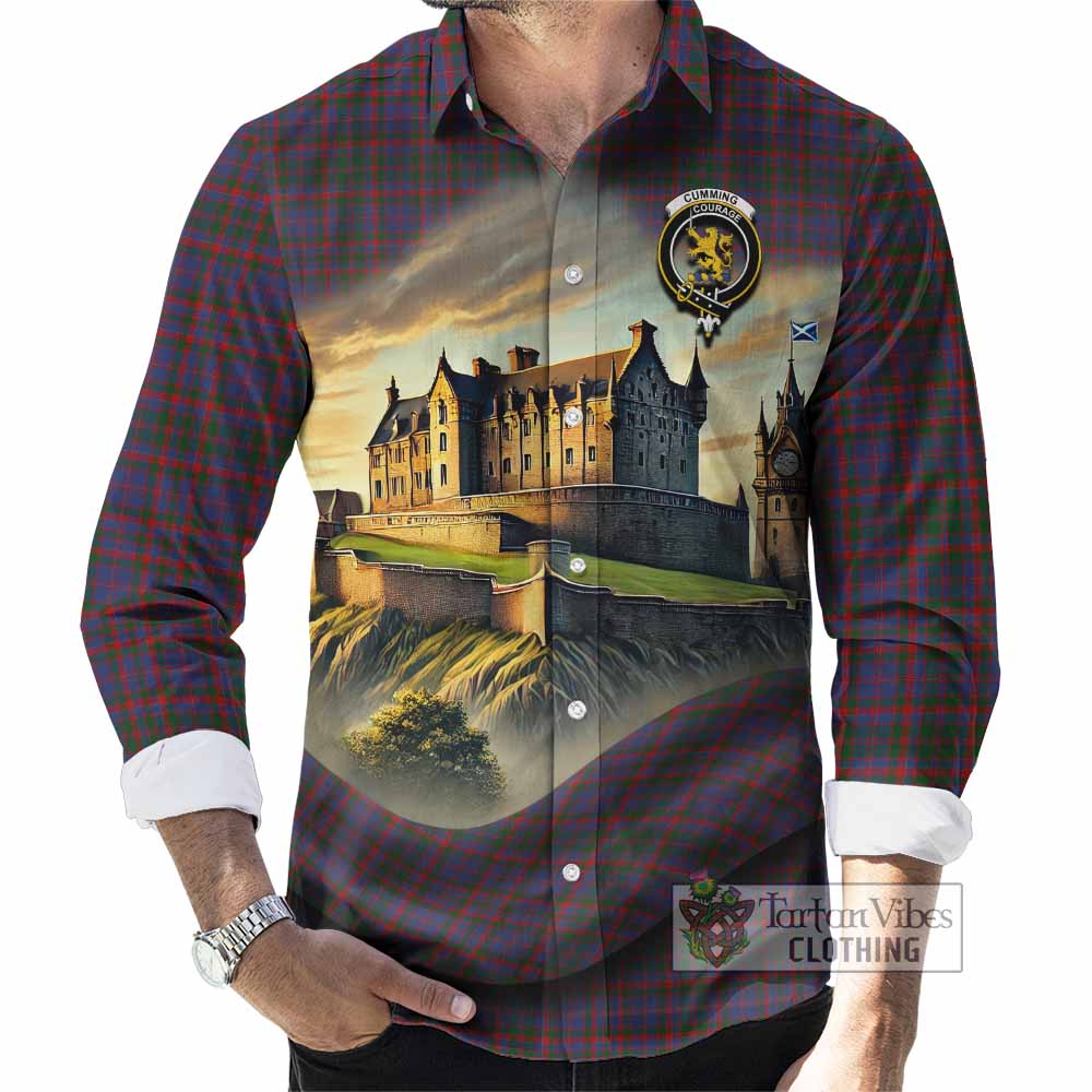 Tartan Vibes Clothing Cumming Tartan Family Crest Long Sleeve Button Shirt with Scottish Ancient Castle Style