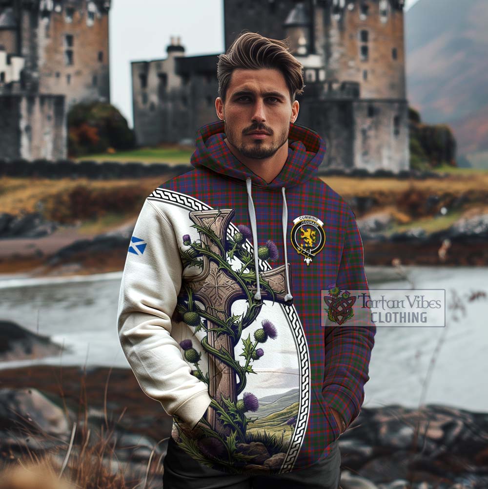 Tartan Vibes Clothing Cumming Tartan Cotton Hoodie with Family Crest and St. Andrew's Cross Accented by Thistle Vines