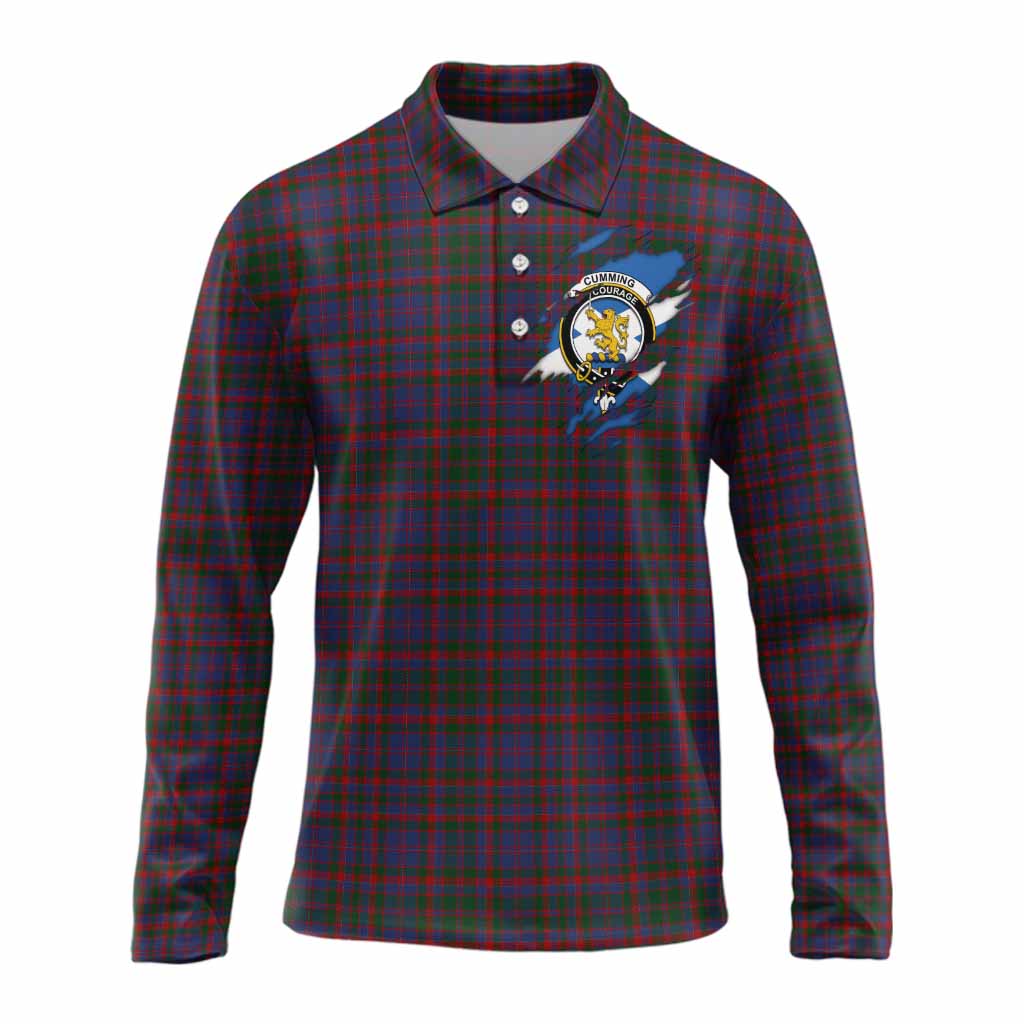 Cumming Clan Crest In Me Tartan Long Sleeve Polo Shirt Scotland Flag Style
