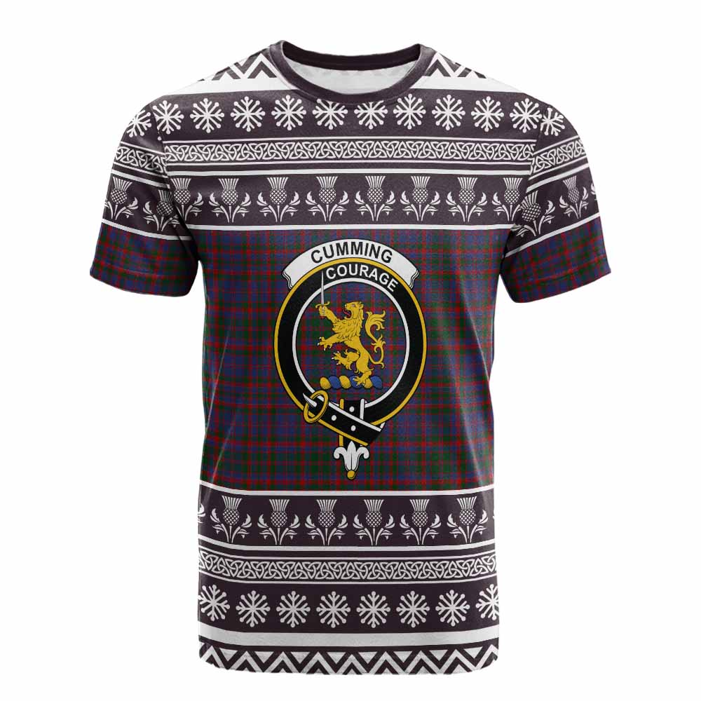 Cumming Clan Tartan Christmas Cotton T-shirt with Family Crest - Tartan Vibes Clothing