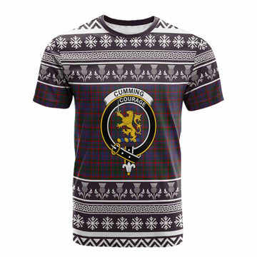 Cumming Clan Tartan Christmas Cotton T-shirt with Family Crest