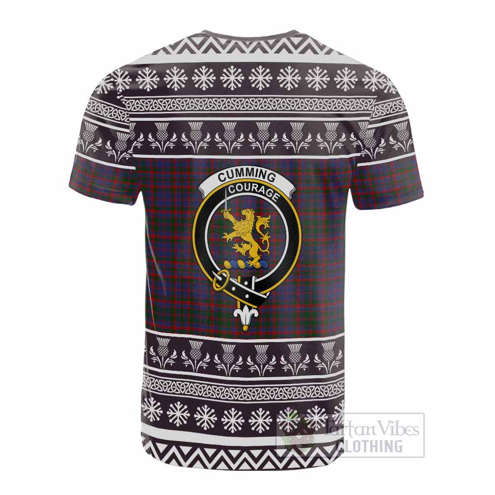 Cumming Clan Tartan Christmas Cotton T-shirt with Family Crest - Tartan Vibes Clothing
