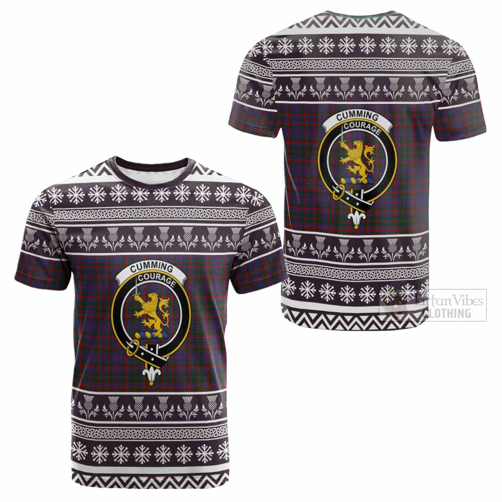 Cumming Clan Tartan Christmas Cotton T-shirt with Family Crest - Tartan Vibes Clothing