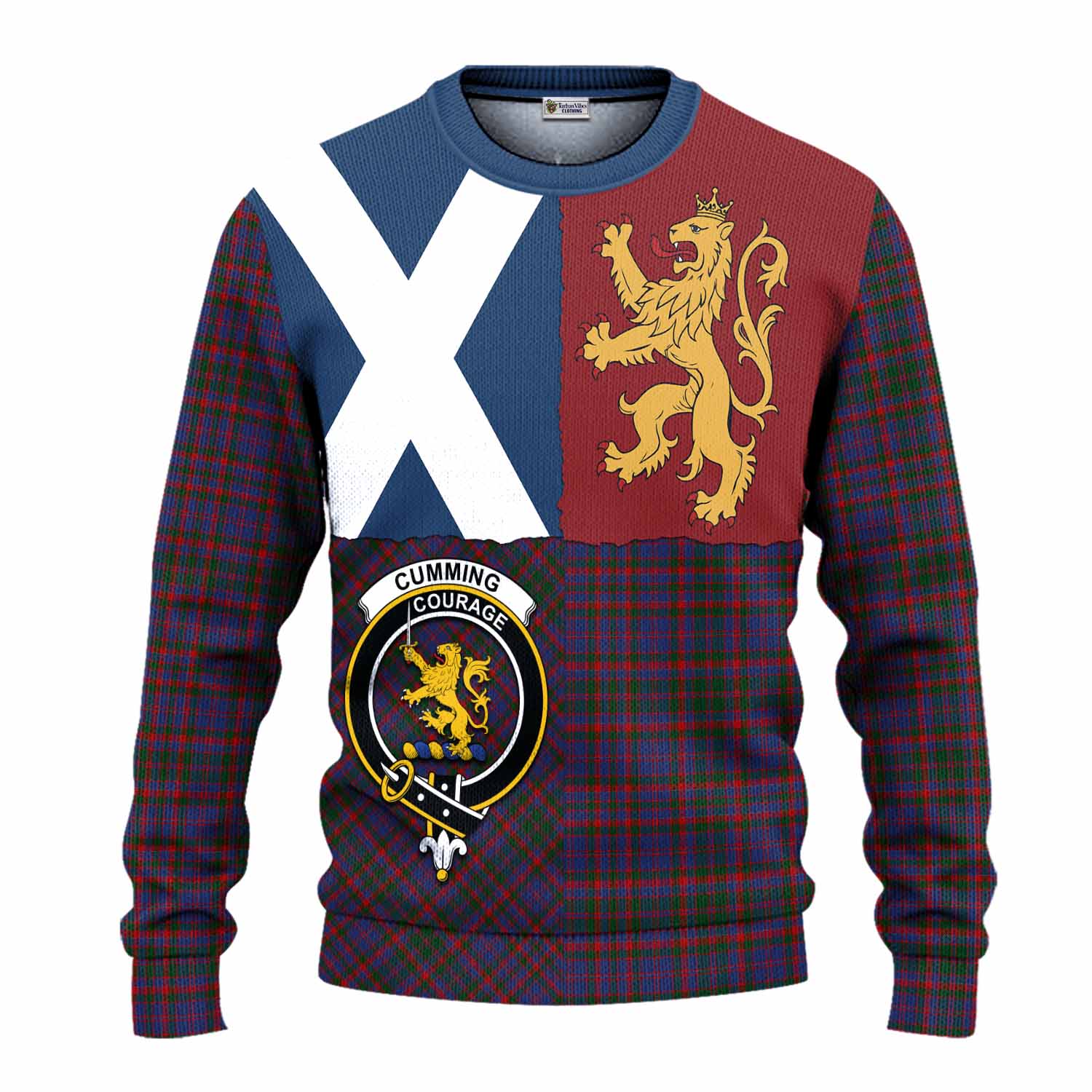 Cumming Crest Tartan Knitted Sweater with Lion Rampant Saltire Style
