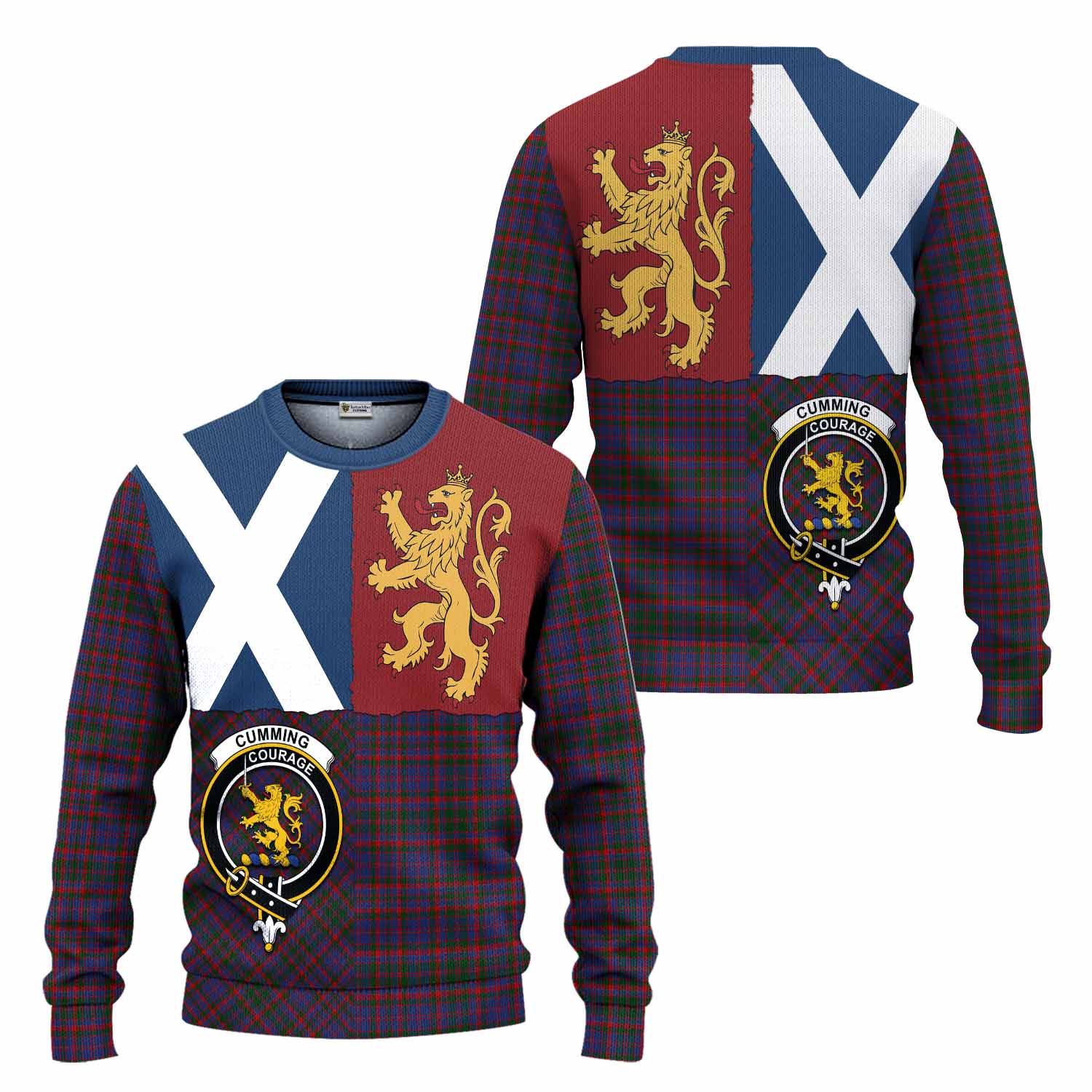 Cumming Crest Tartan Knitted Sweater with Lion Rampant Saltire Style