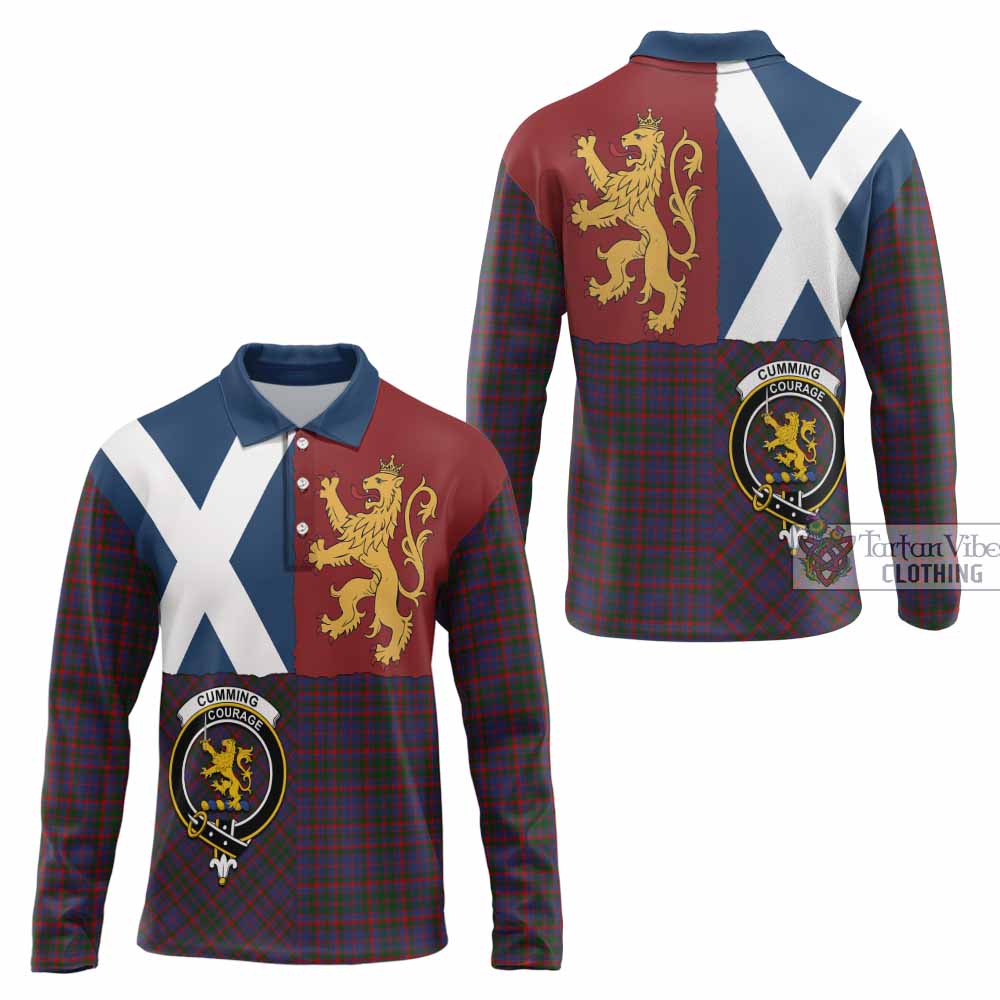 Cumming Crest Tartan Long Sleeve Polo Shirt with Lion Rampant Saltire Style