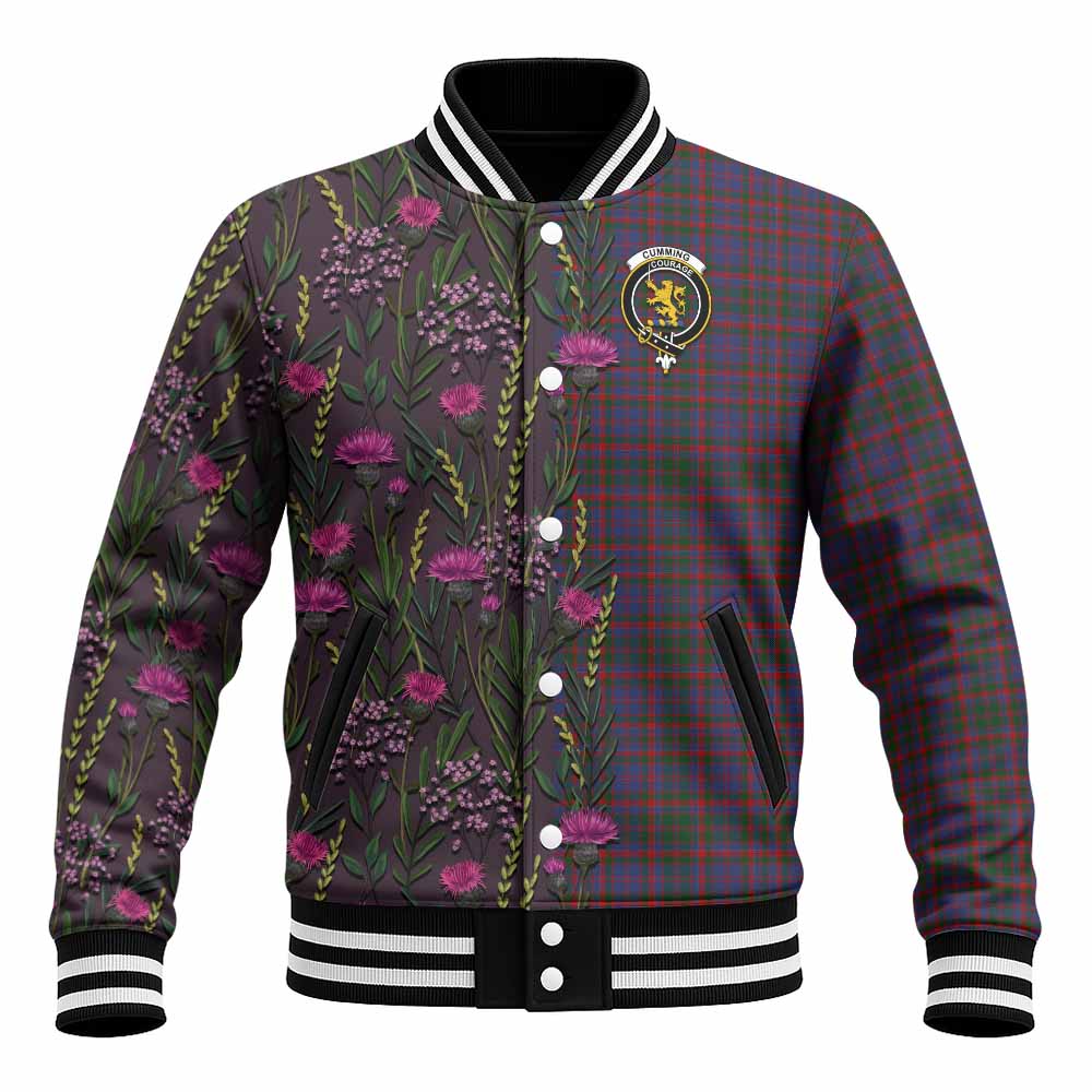 Cumming Family Crest Tartan Baseball Jacket Scottish Thistle Flower Pattern Half Style - Tartan Vibes Clothing