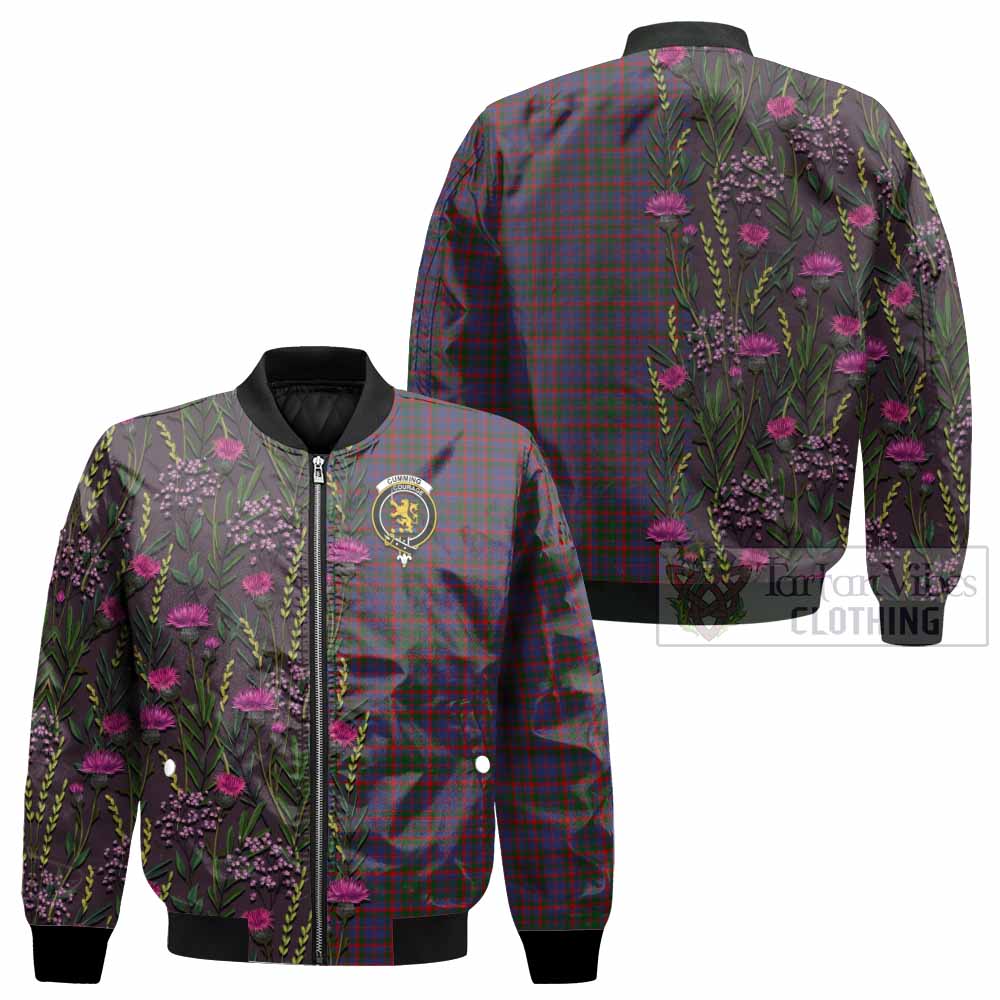 Cumming Family Crest Tartan Bomber Jacket Scottish Thistle Flower Pattern Half Style - Tartan Vibes Clothing