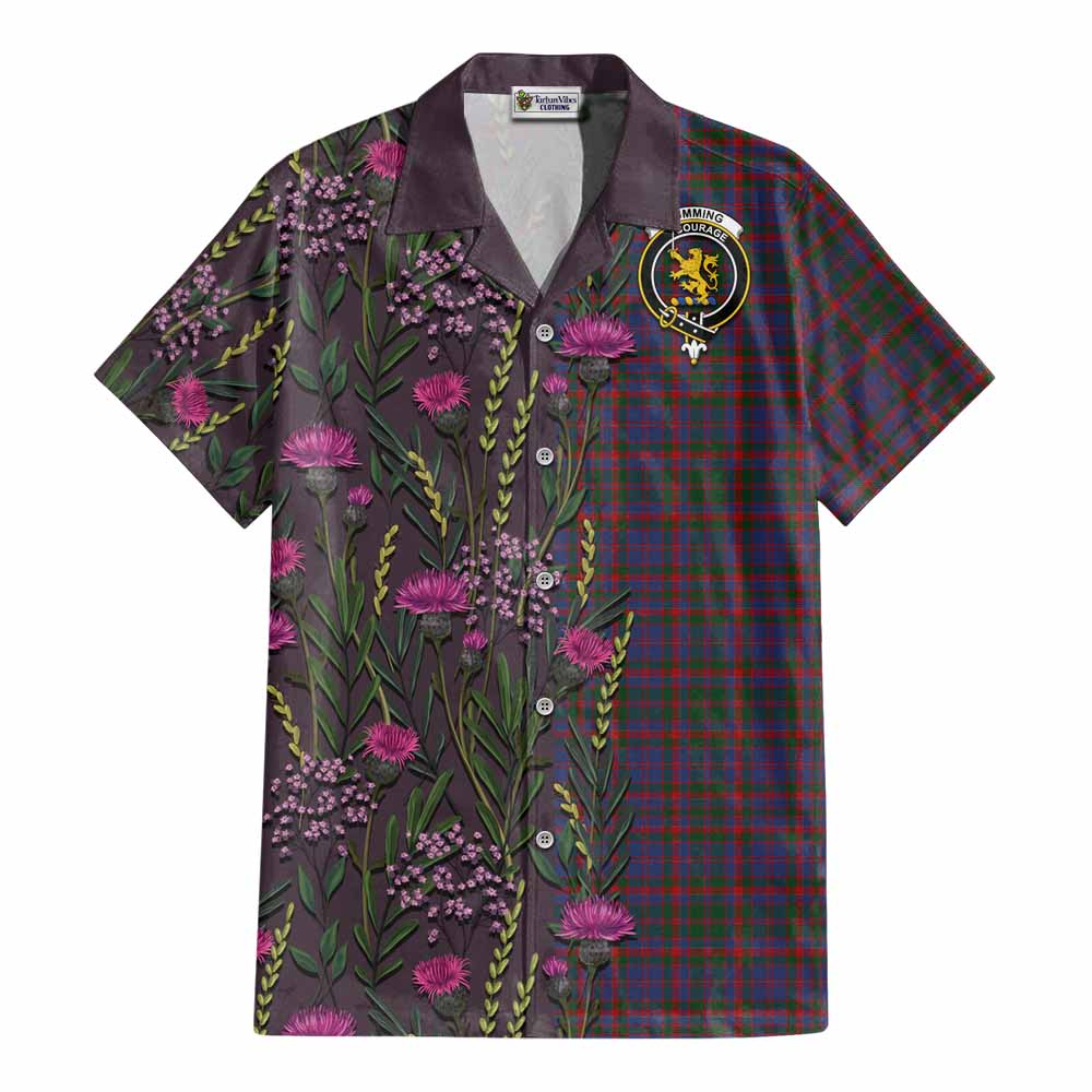 Cumming Family Crest Tartan Cotton Hawaiian Shirt Scottish Thistle Flower Pattern Half Style - Tartan Vibes Clothing