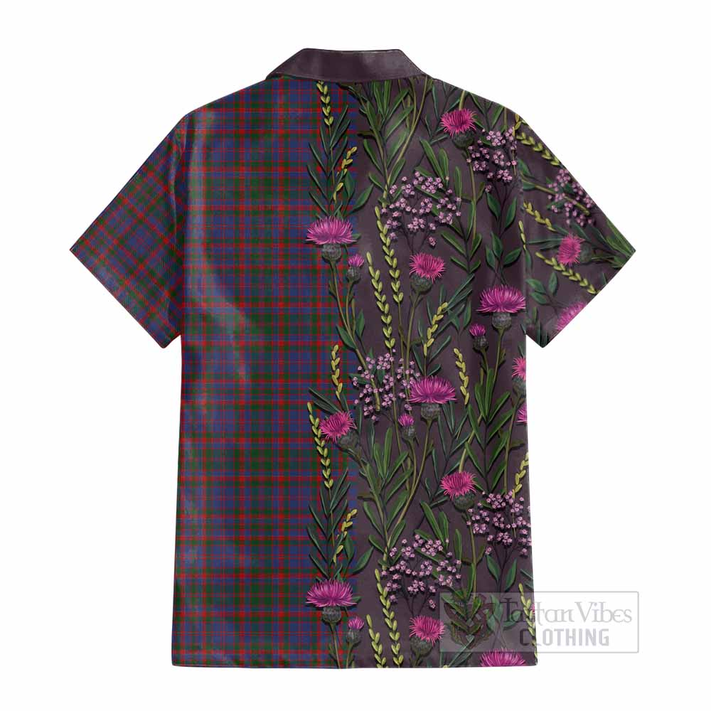 Cumming Family Crest Tartan Cotton Hawaiian Shirt Scottish Thistle Flower Pattern Half Style - Tartan Vibes Clothing