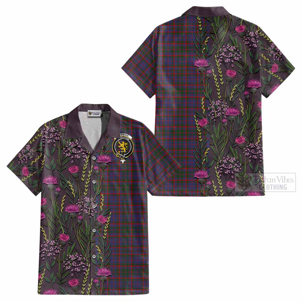 Cumming Family Crest Tartan Cotton Hawaiian Shirt Scottish Thistle Flower Pattern Half Style - Tartan Vibes Clothing