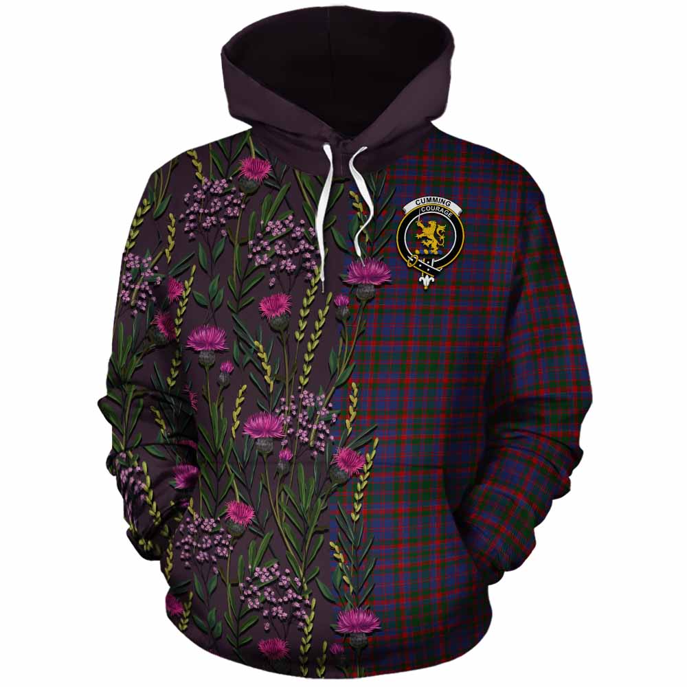 Cumming Family Crest Tartan Cotton Hoodie Scottish Thistle Flower Pattern Half Style - Tartan Vibes Clothing