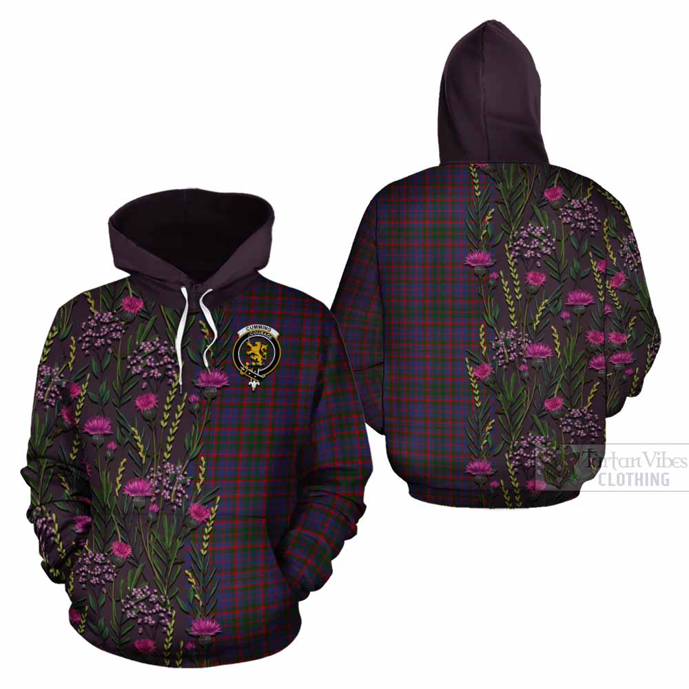 Cumming Family Crest Tartan Cotton Hoodie Scottish Thistle Flower Pattern Half Style - Tartan Vibes Clothing