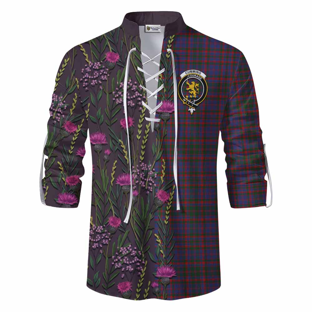 Cumming Family Crest Tartan Ghillie Shirt Scottish Thistle Flower Pattern Half Style - Tartan Vibes Clothing