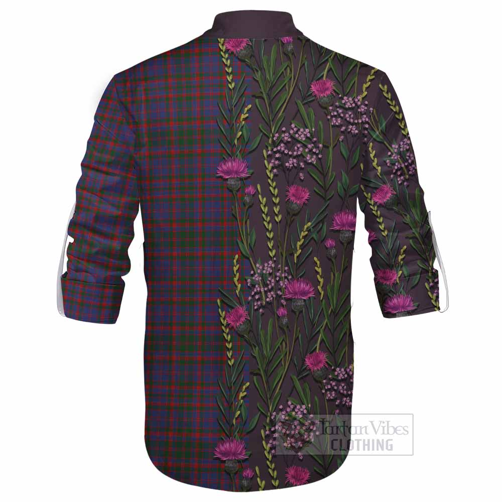 Cumming Family Crest Tartan Ghillie Shirt Scottish Thistle Flower Pattern Half Style - Tartan Vibes Clothing