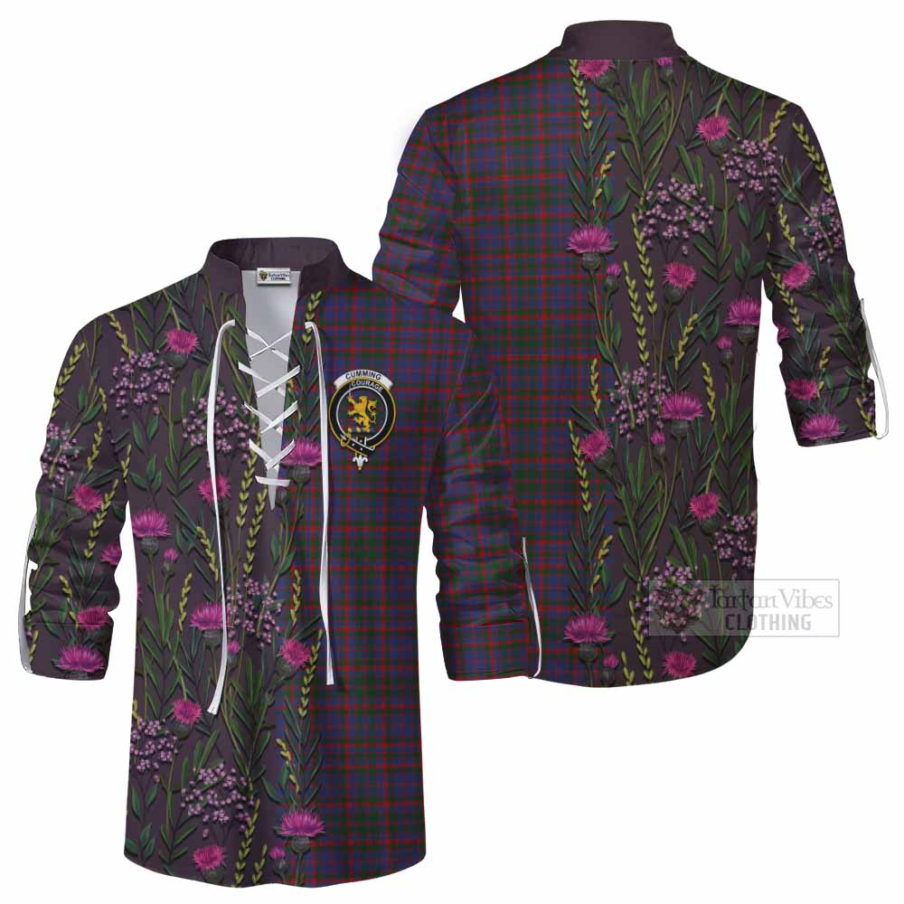 Cumming Family Crest Tartan Ghillie Shirt Scottish Thistle Flower Pattern Half Style - Tartan Vibes Clothing