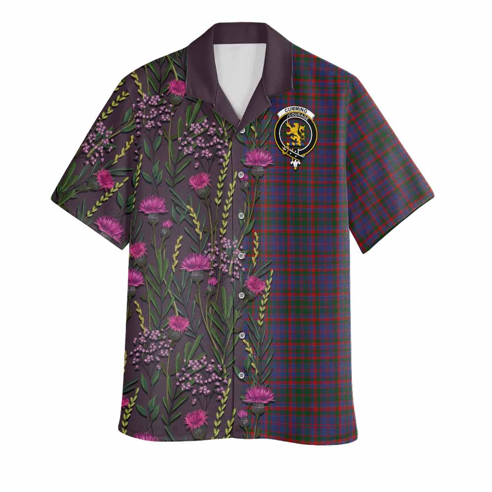 Cumming Family Crest Tartan Hawaiian Shirt Scottish Thistle Flower Pattern Half Style - Tartan Vibes Clothing