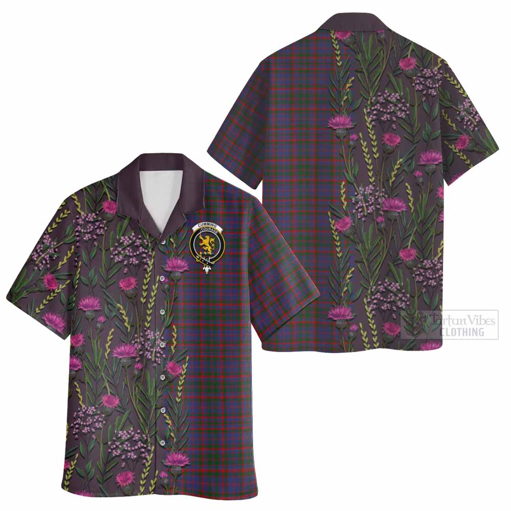Cumming Family Crest Tartan Hawaiian Shirt Scottish Thistle Flower Pattern Half Style - Tartan Vibes Clothing