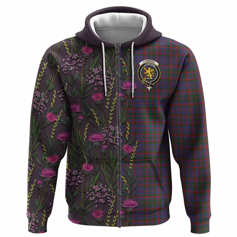Cumming Family Crest Tartan Hoodie Scottish Thistle Flower Pattern Half Style - Tartan Vibes Clothing