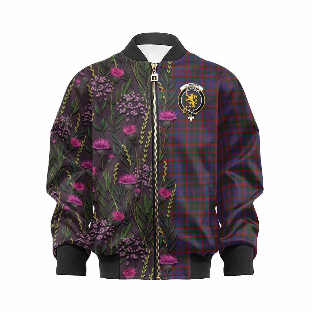 Cumming Family Crest Tartan Kid Bomber Jacket Scottish Thistle Flower Pattern Half Style - Tartan Vibes Clothing