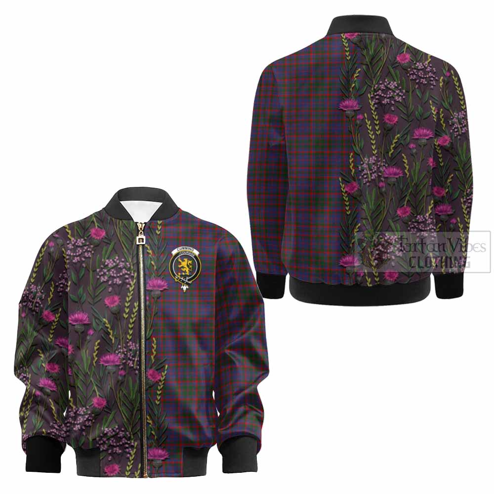 Cumming Family Crest Tartan Kid Bomber Jacket Scottish Thistle Flower Pattern Half Style - Tartan Vibes Clothing