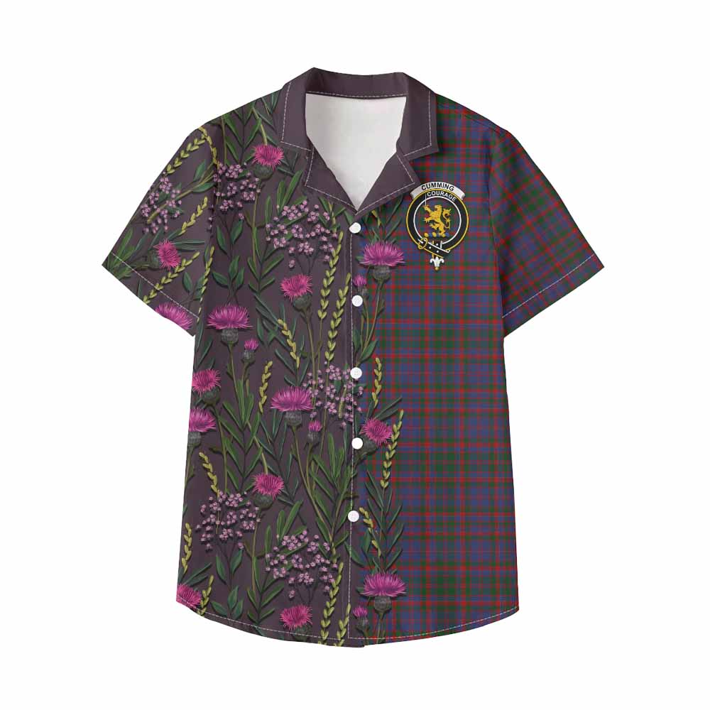 Cumming Family Crest Tartan Kid Hawaiian Shirt Scottish Thistle Flower Pattern Half Style - Tartan Vibes Clothing