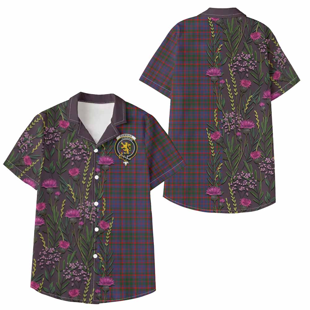 Cumming Family Crest Tartan Kid Hawaiian Shirt Scottish Thistle Flower Pattern Half Style - Tartan Vibes Clothing