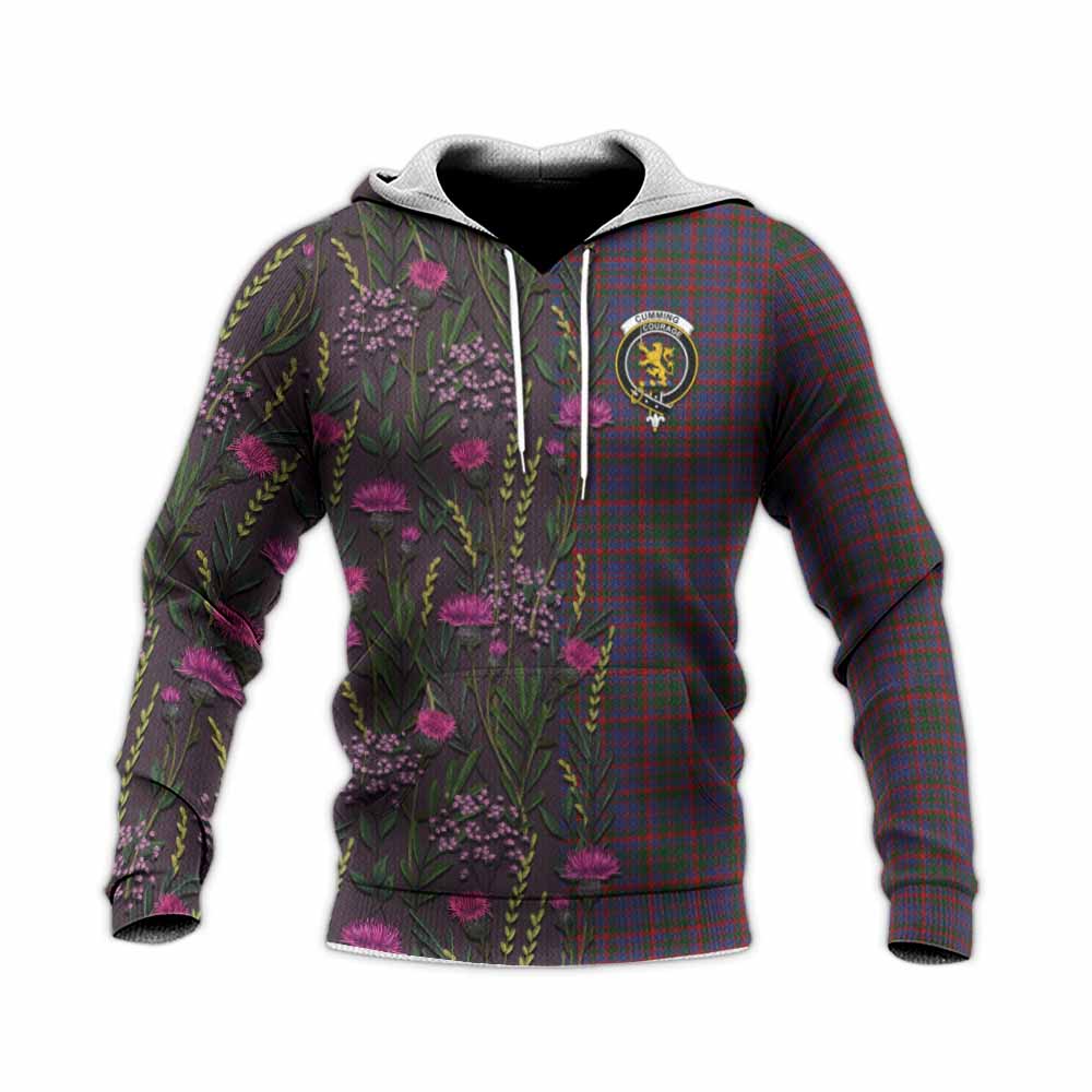 Cumming Family Crest Tartan Knitted Hoodie Scottish Thistle Flower Pattern Half Style - Tartan Vibes Clothing