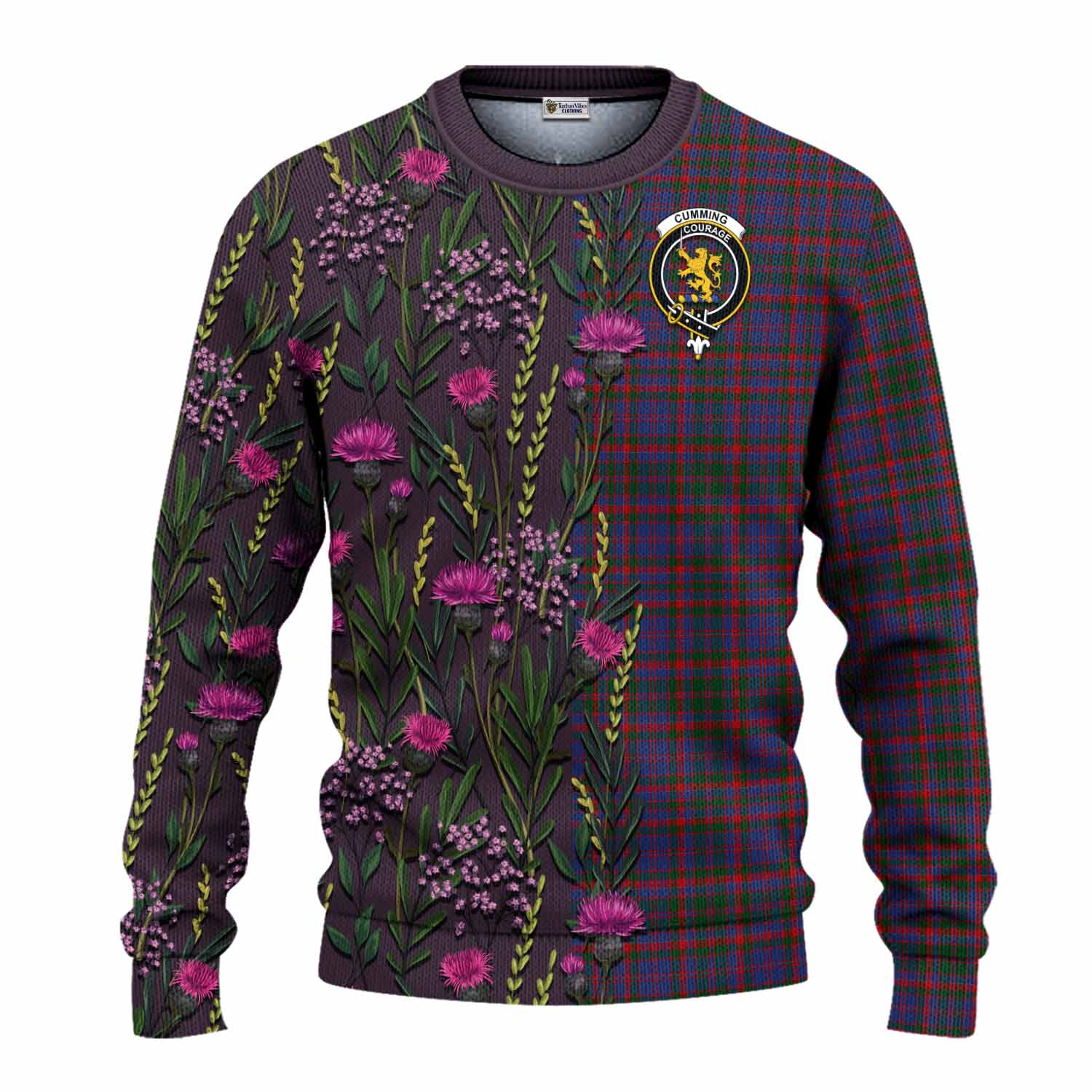 Cumming Family Crest Tartan Knitted Sweater Scottish Thistle Flower Pattern Half Style - Tartan Vibes Clothing
