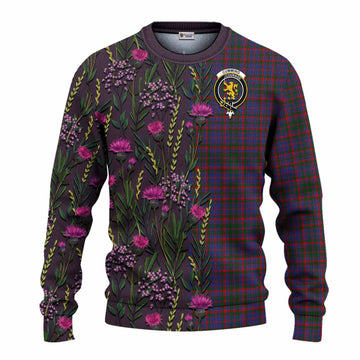 Cumming Family Crest Tartan Knitted Sweater Scottish Thistle Flower Pattern Half Style