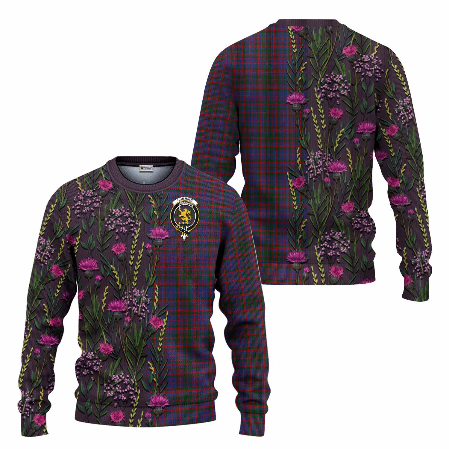 Cumming Family Crest Tartan Knitted Sweater Scottish Thistle Flower Pattern Half Style - Tartan Vibes Clothing