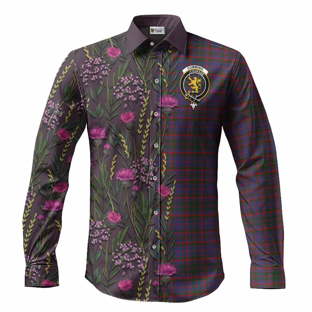 Cumming Family Crest Tartan Long Sleeve Button Shirts Scottish Thistle Flower Pattern Half Style - Tartan Vibes Clothing