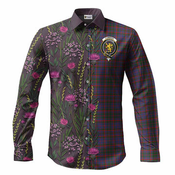 Cumming Family Crest Tartan Long Sleeve Button Shirts Scottish Thistle Flower Pattern Half Style