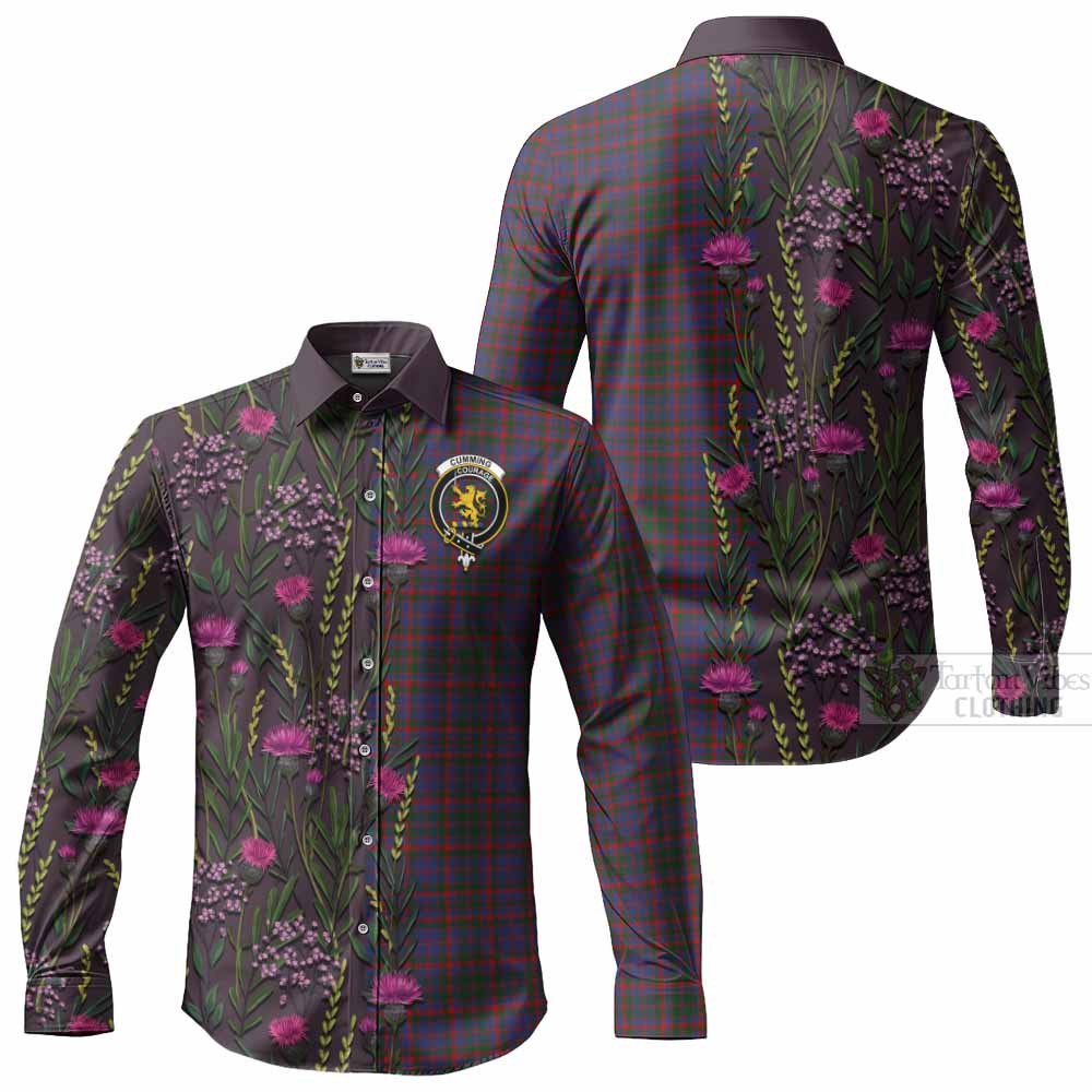 Cumming Family Crest Tartan Long Sleeve Button Shirts Scottish Thistle Flower Pattern Half Style - Tartan Vibes Clothing