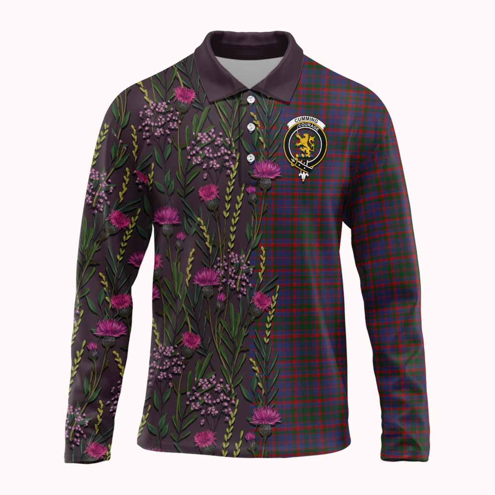 Cumming Family Crest Tartan Long Sleeve Polo Shirt Scottish Thistle Flower Pattern Half Style - Tartan Vibes Clothing
