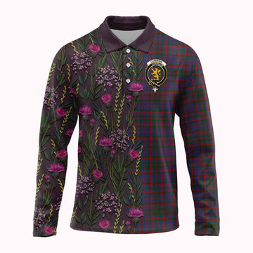 Cumming Family Crest Tartan Long Sleeve Polo Shirt Scottish Thistle Flower Pattern Half Style - Tartan Vibes Clothing