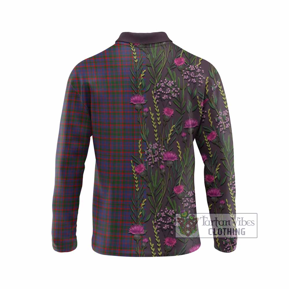 Cumming Family Crest Tartan Long Sleeve Polo Shirt Scottish Thistle Flower Pattern Half Style - Tartan Vibes Clothing