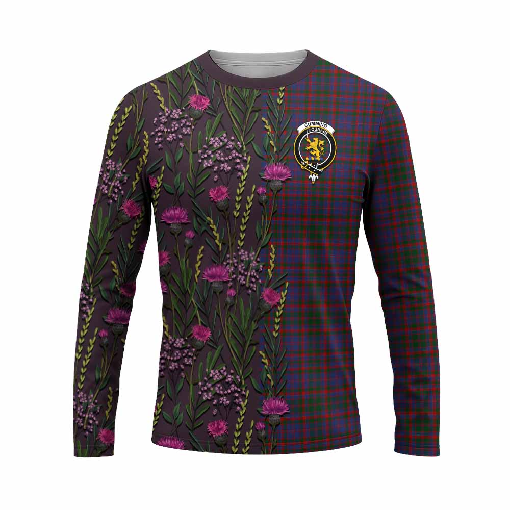 Cumming Family Crest Tartan Long Sleeve T-Shirt Scottish Thistle Flower Pattern Half Style - Tartan Vibes Clothing