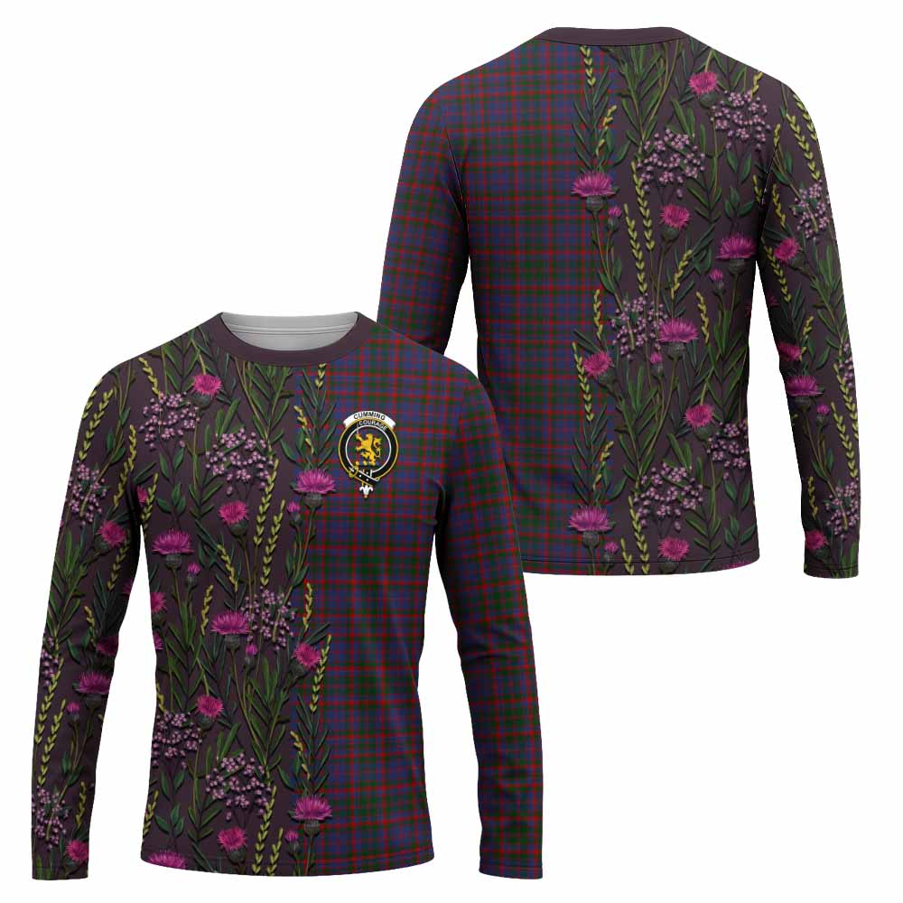 Cumming Family Crest Tartan Long Sleeve T-Shirt Scottish Thistle Flower Pattern Half Style - Tartan Vibes Clothing