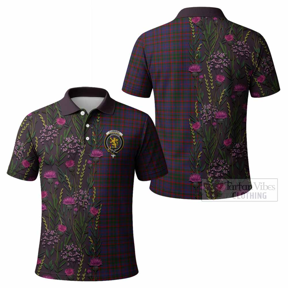 Cumming Family Crest Tartan Polo Shirt Scottish Thistle Flower Pattern Half Style - Tartan Vibes Clothing