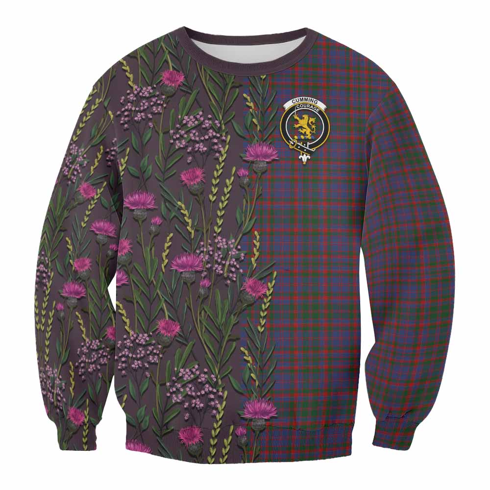 Cumming Family Crest Tartan Sweatshirt Scottish Thistle Flower Pattern Half Style - Tartan Vibes Clothing