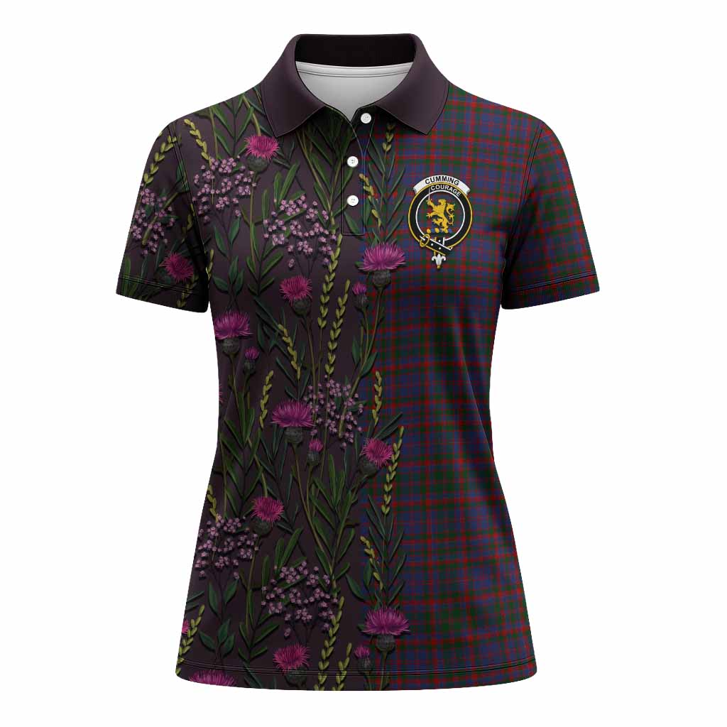 Cumming Family Crest Tartan Women Polo Shirt Scottish Thistle Flower Pattern Half Style - Tartan Vibes Clothing