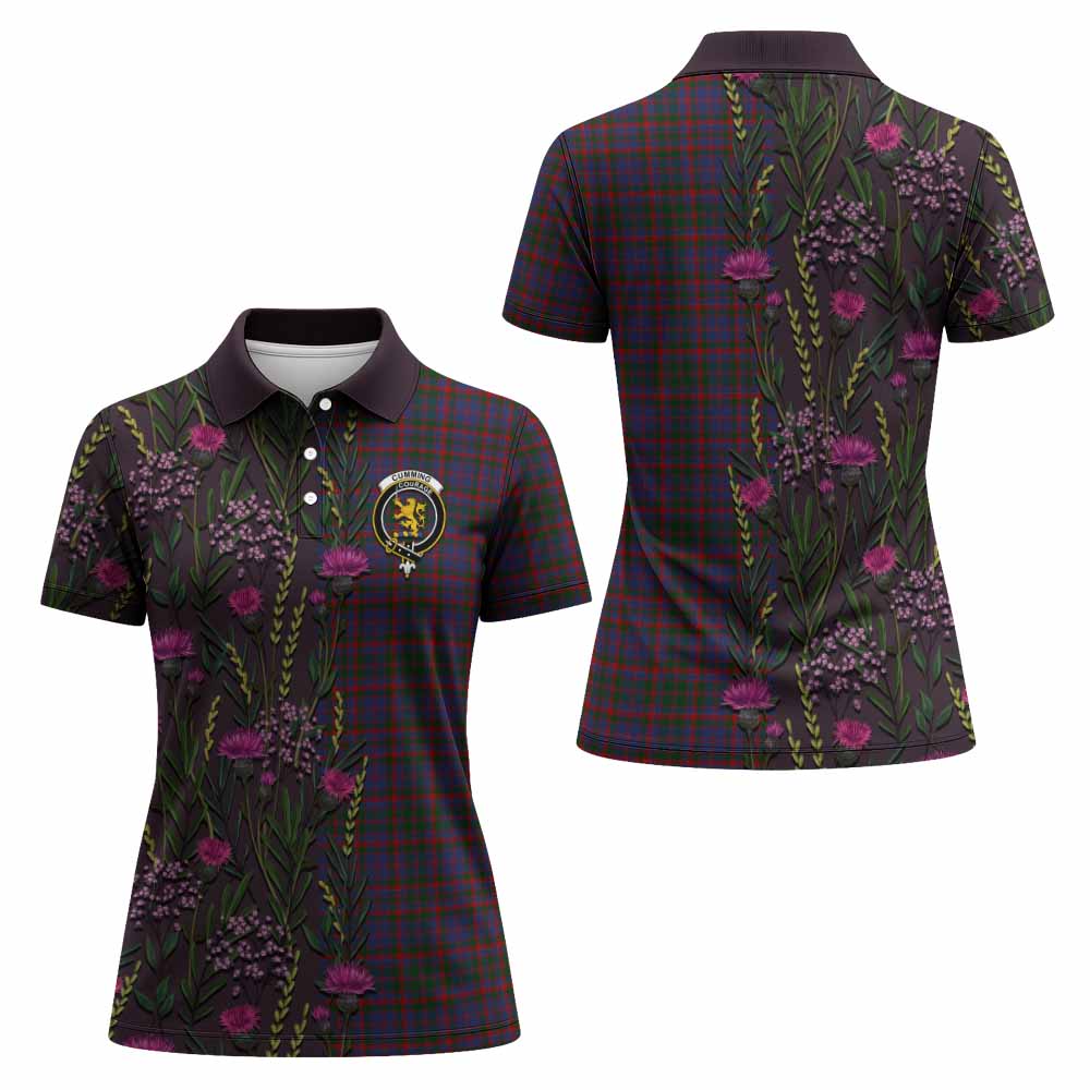 Cumming Family Crest Tartan Women Polo Shirt Scottish Thistle Flower Pattern Half Style - Tartan Vibes Clothing