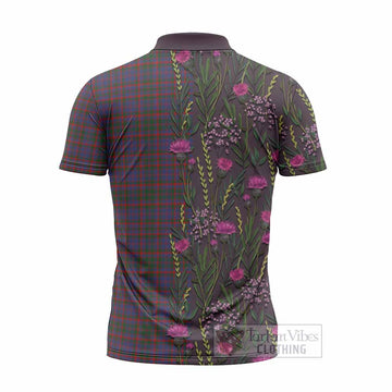 Cumming Family Crest Tartan Zipper Polo Shirt Scottish Thistle Flower Pattern Half Style