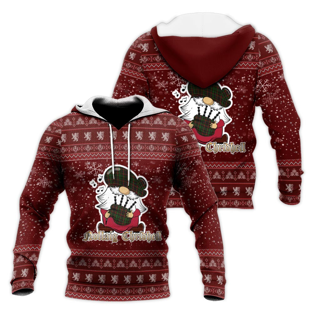 Cumming Hunting Clan Christmas Knitted Hoodie with Funny Gnome Playing Bagpipes Red - Tartanvibesclothing