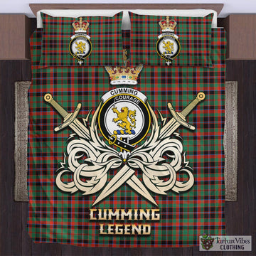 Cumming Hunting Ancient Tartan Bedding Set with Clan Crest and the Golden Sword of Courageous Legacy