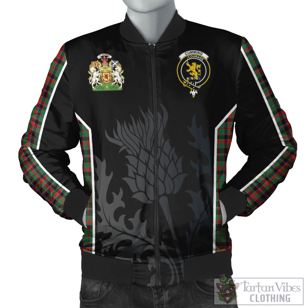 Tartan Vibes Clothing Cumming Hunting Ancient Tartan Bomber Jacket with Family Crest and Scottish Thistle Vibes Sport Style
