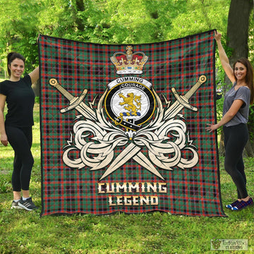 Cumming Hunting Ancient Tartan Quilt with Clan Crest and the Golden Sword of Courageous Legacy