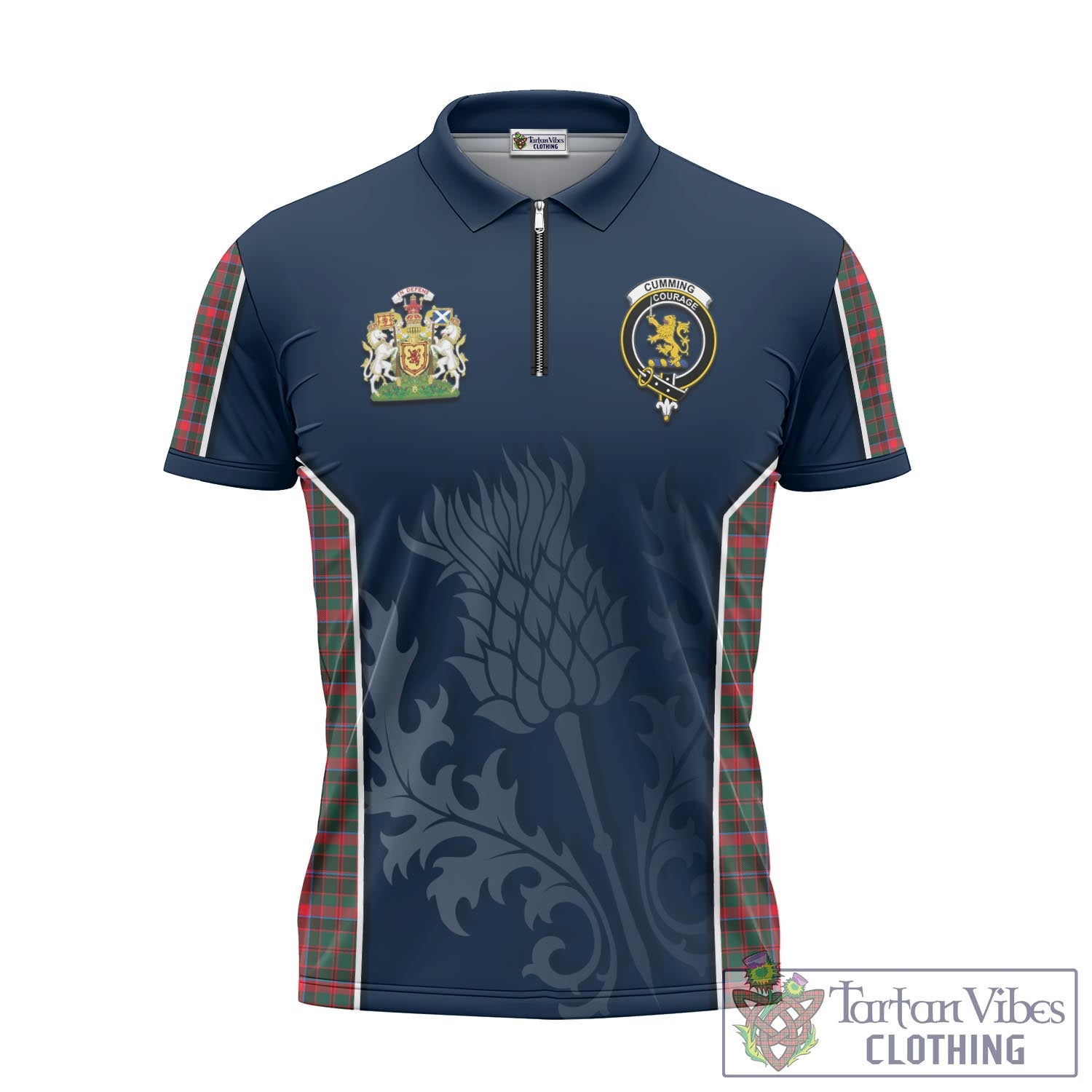 Tartan Vibes Clothing Cumming Hunting Modern Tartan Zipper Polo Shirt with Family Crest and Scottish Thistle Vibes Sport Style